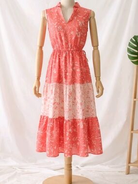 Anne Klein Size 2 Floral Midi V Neck Dress Coral Pink Wedding Guest Brunch